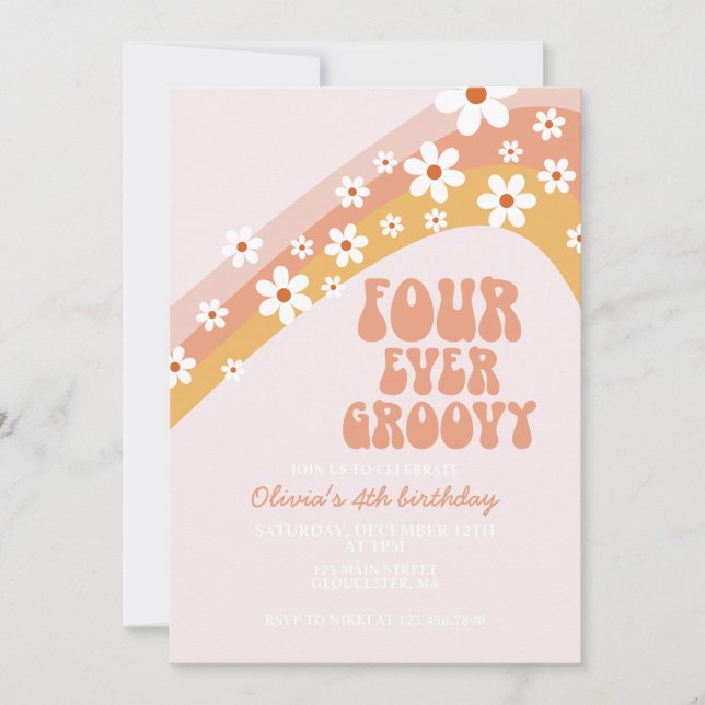 Retro Four Ever Groovy daisy boho 4. Geburtstag Einladung (Vorderseite)