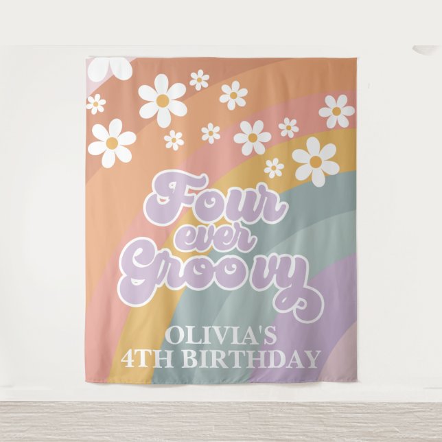 Retro Four Ever Groovy Regenbogen Wandteppich (Vorderseite)