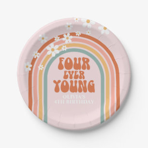 Retro Four Ever Young Gänseblümchen Regenbogen 4. Pappteller