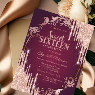 Retro Frame Rose Gold Glitzer Tropfen Burgundy Einladung