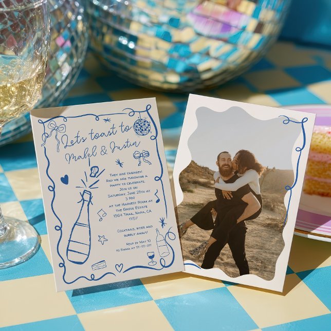 Retro Französisch-blaues illustriertes Foto Verlob Einladung (Retro French blue illustrated photo Engagement Invitation)