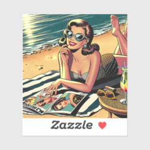 Retro-Frau am Strand beim Lesen eines Modemagazins Aufkleber