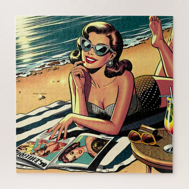 Retro-Frau am Strand beim Lesen eines Modemagazins Puzzle (Vertikal)