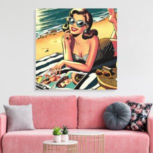 Retro-Frau am Strand liest eine Modezeitschrift Leinwanddruck