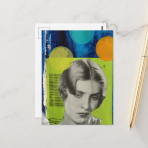 Retro-Frau auf grüner und blauer Mixed-Media-Colla Postkarte