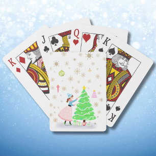 Retro-Frau beim Schmücken des Weihnachtsbaums Spielkarten