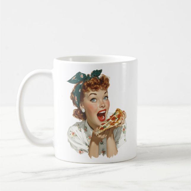 Retro-Frau genießt Pizzastück Kaffeetasse (Links)