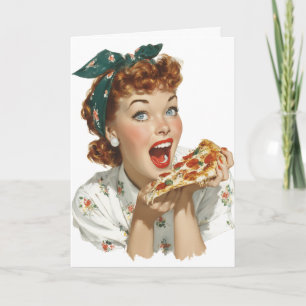 Retro-Frau genießt Pizzastück Karte