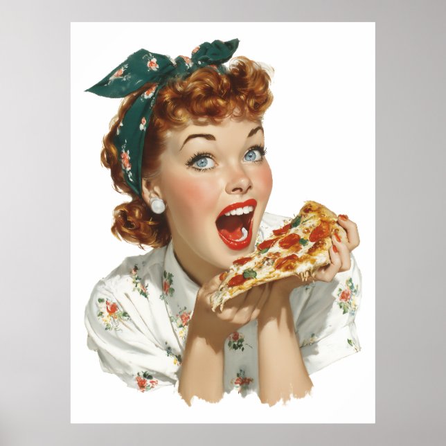 Retro-Frau genießt Pizzastück Poster (Vorne)