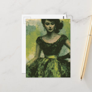 Retro-Frau in einem grünen Kleid Postkarte