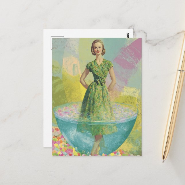 Retro-Frau in Tiny Glass Surreal Postkarte (Vorderseite/Rückseite Beispiel)