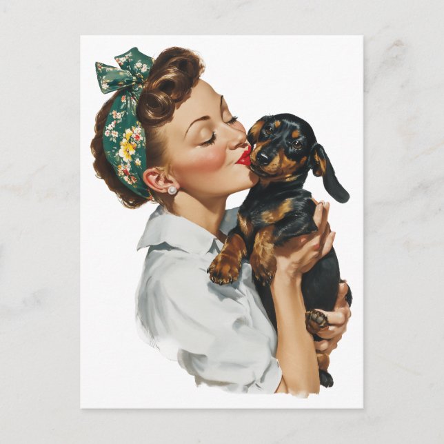 Retro-Frau küsst süßen Dachshund Postkarte (Vorderseite)