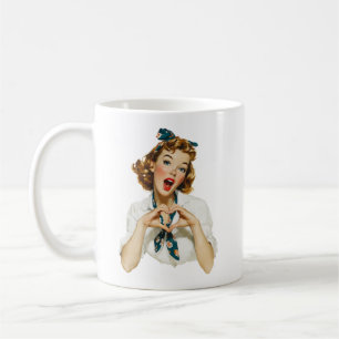 Retro-Frau macht Herz-Geste Kaffeetasse