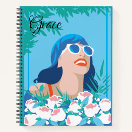 Retro-Frau mit Blume und Sonnenschein Notizbuch