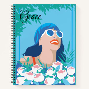 Retro-Frau mit Blume und Sonnenschein Notizbuch