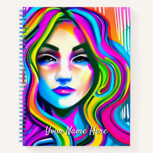 Retro-Frau mit Regenbogenpresse Notizbuch