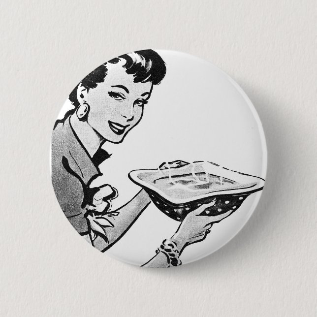 Retro-Frau mit selbstgekochtem Essen Button (Vorderseite)