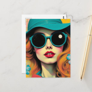 Retro-Frau passende Sonnenbrille und Hut Postkarte