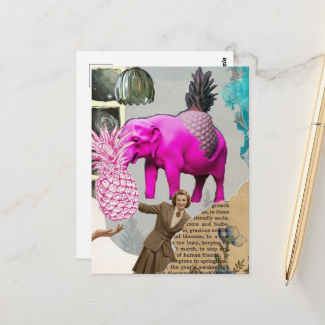 Retro-Frau Rosa Elefant Collage Postkarte (Vorderseite/Rückseite Beispiel)