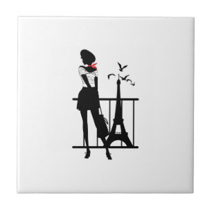 Retro-Frau rote und schwarze Silhouette mit Eiffel Fliese