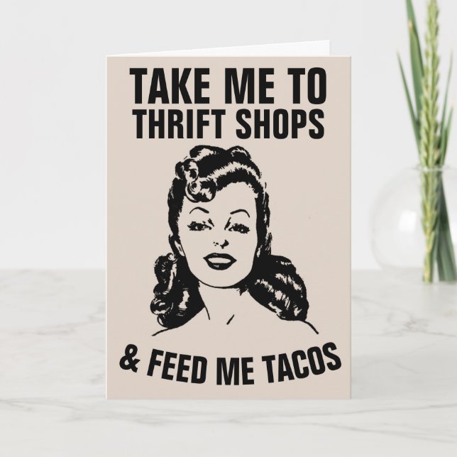 RETRO-FRAU SECOND-HAND-LÄDEN & TACOS FUNNY Karten (Vorderseite)
