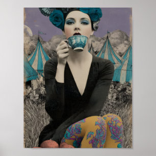 Retro-Frau trinkt Tee im Zirkus Poster