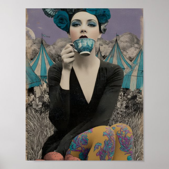 Retro-Frau trinkt Tee im Zirkus Poster (Vorne)