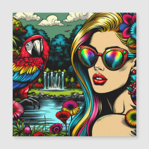 Retro-Frau und Papagei im Park Pop Art Magnetkarte