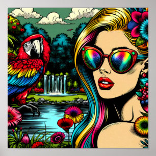 Retro-Frau und Papagei im Park Pop-Art Poster
