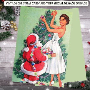 Retro Frau Weihnachtsmann Weihnachtsbaum Feiertagskarte