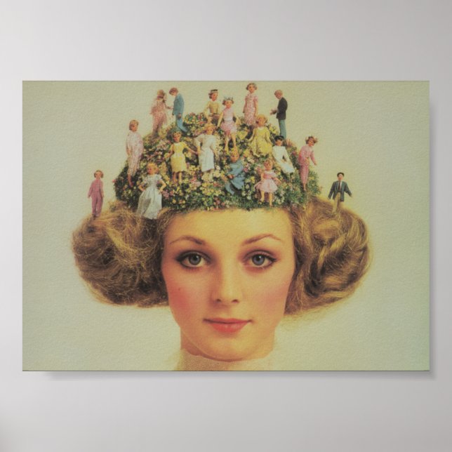 Retro Frauen surreales Haar mit winzigen Menschen Poster (Vorne)