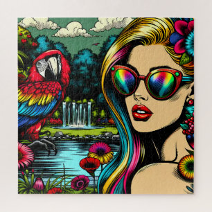 Retro Frauen und Papagei im Park Pop Kunst, Dichtu Puzzle