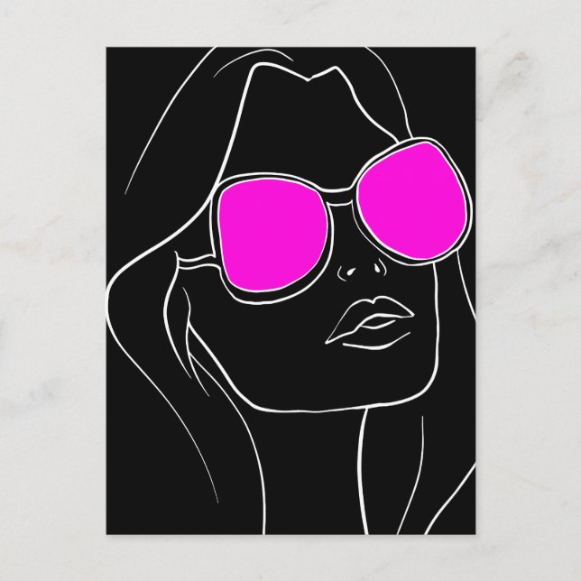 Retro Frauengesicht in rosa Sonnenbrille schwarz Postkarte (Vorderseite)