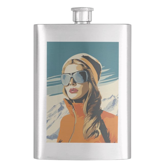 Retro Frauenportrait im Schnee Flachmann (Vorderseite)