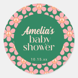 Retro-Friedenszeichen-Blume Grün Pink Baby Shower Runder Aufkleber