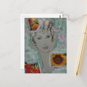 Retro-Frisur Collage einer Frau mit Blumen aus den Postkarte