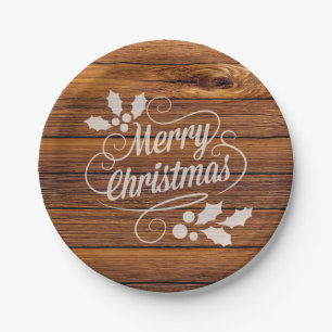 Retro frohe Weihnacht-Typografie-Scheunen-Holz Pappteller