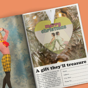 Retro Frohe Weihnachten Herz-Shaped Foto Ornament