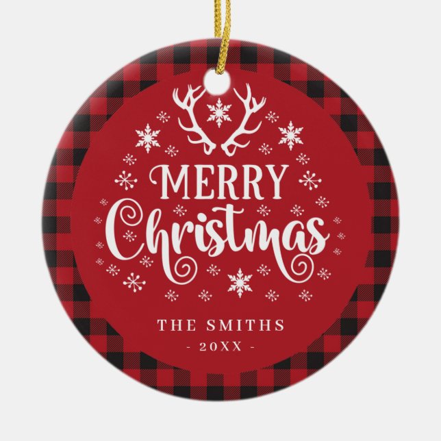 Retro Frohe Weihnachten Rot und Weiß Custom Keramik Ornament (Vorne)