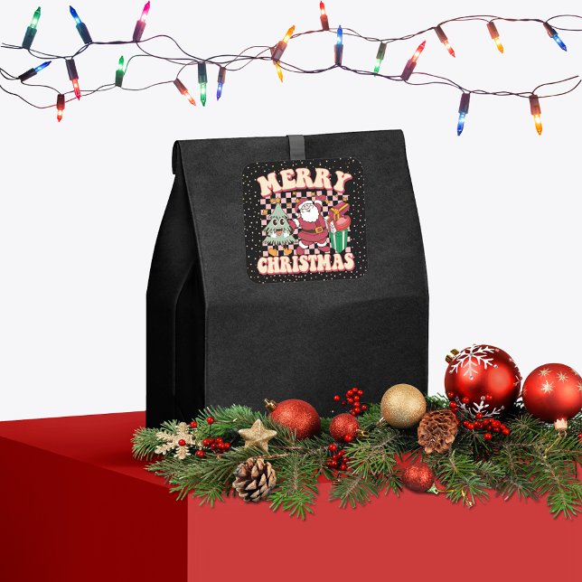 Retro Frohe Weihnachtsfeier Weihnachtsbaum der 70e Quadratischer Aufkleber (Von Creator hochgeladen)