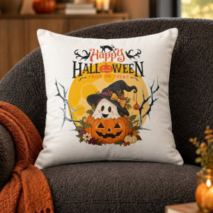 Retro Frohes Halloween Gespenst im Kürbis Kissen