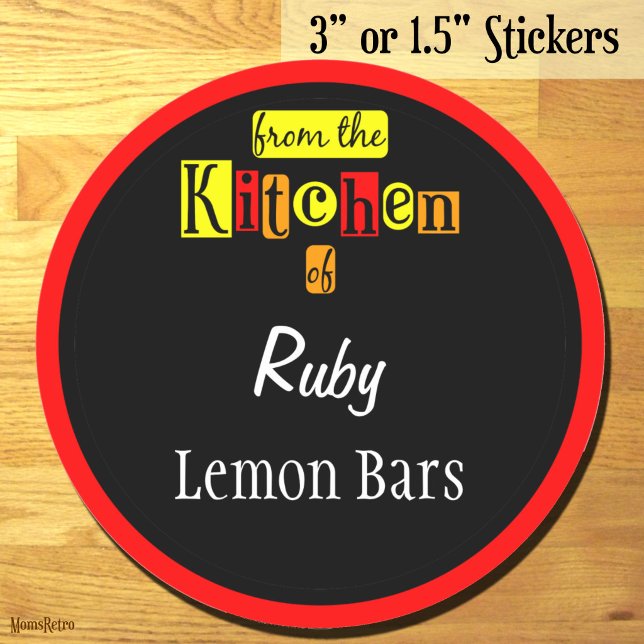 Retro From the Kitchen of Reds on Black Editable Runder Aufkleber (Retro From the Kitchen of Reds on Black Editable Classic Round Sticker)