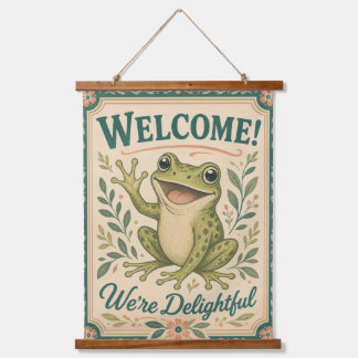 Retro-Frosch-Willkommen Wir sind entzückend Kunst Wandteppich Mit Holzrahmen