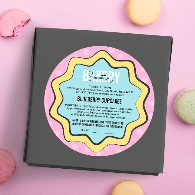 Retro Fun 80er Nostalgia Zuhause Kitchen Hütte Law Runder Aufkleber (Food ingredients and allergens cottage law round stickers in a trendy colorful design )