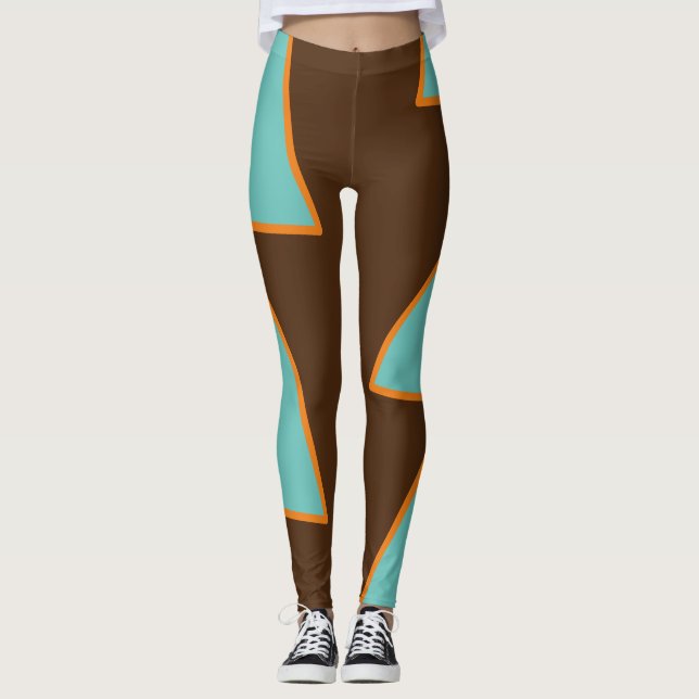 Retro Fun Dreiecke Aquamarin und Lachs auf Braun Leggings (Vorderseite)