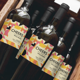 Retro Fun Pink Orange Yellow Bold Brautparty Weinetikett