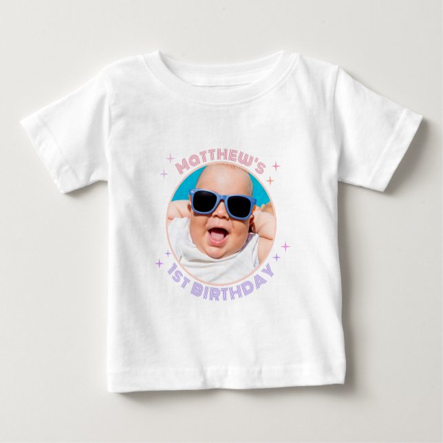 Retro Funky 90s Disco Ball Happy Birthday Foto Baby T-shirt (Vorderseite)