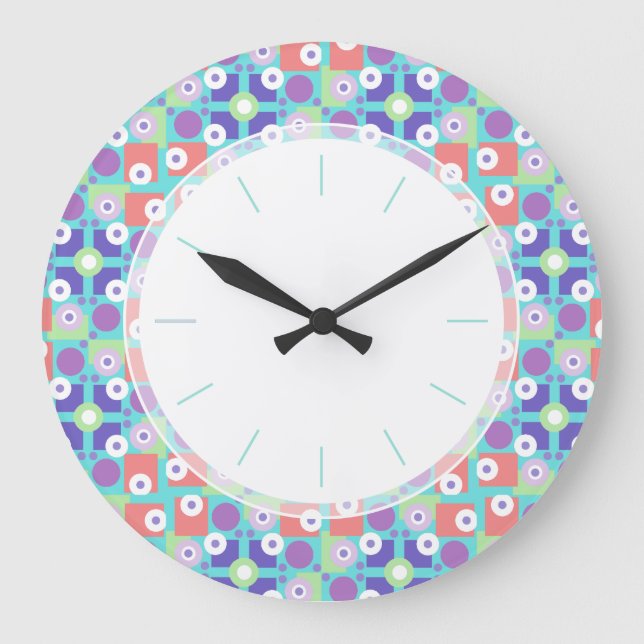 Retro Funky Aqua Lila Geometric Kitchen aus den 50 Große Wanduhr (Vorderseite)
