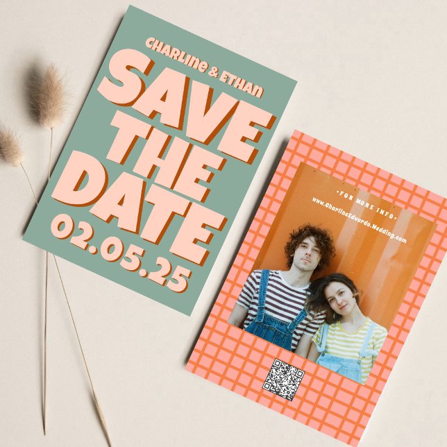Retro Funky Blue Pink Save the Date QR-Code (Von Creator hochgeladen)
