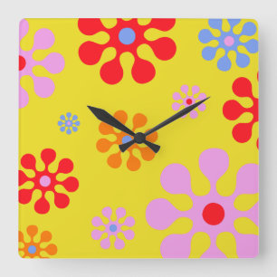 Retro Funky Blume Muster Gelbe Wall Uhr